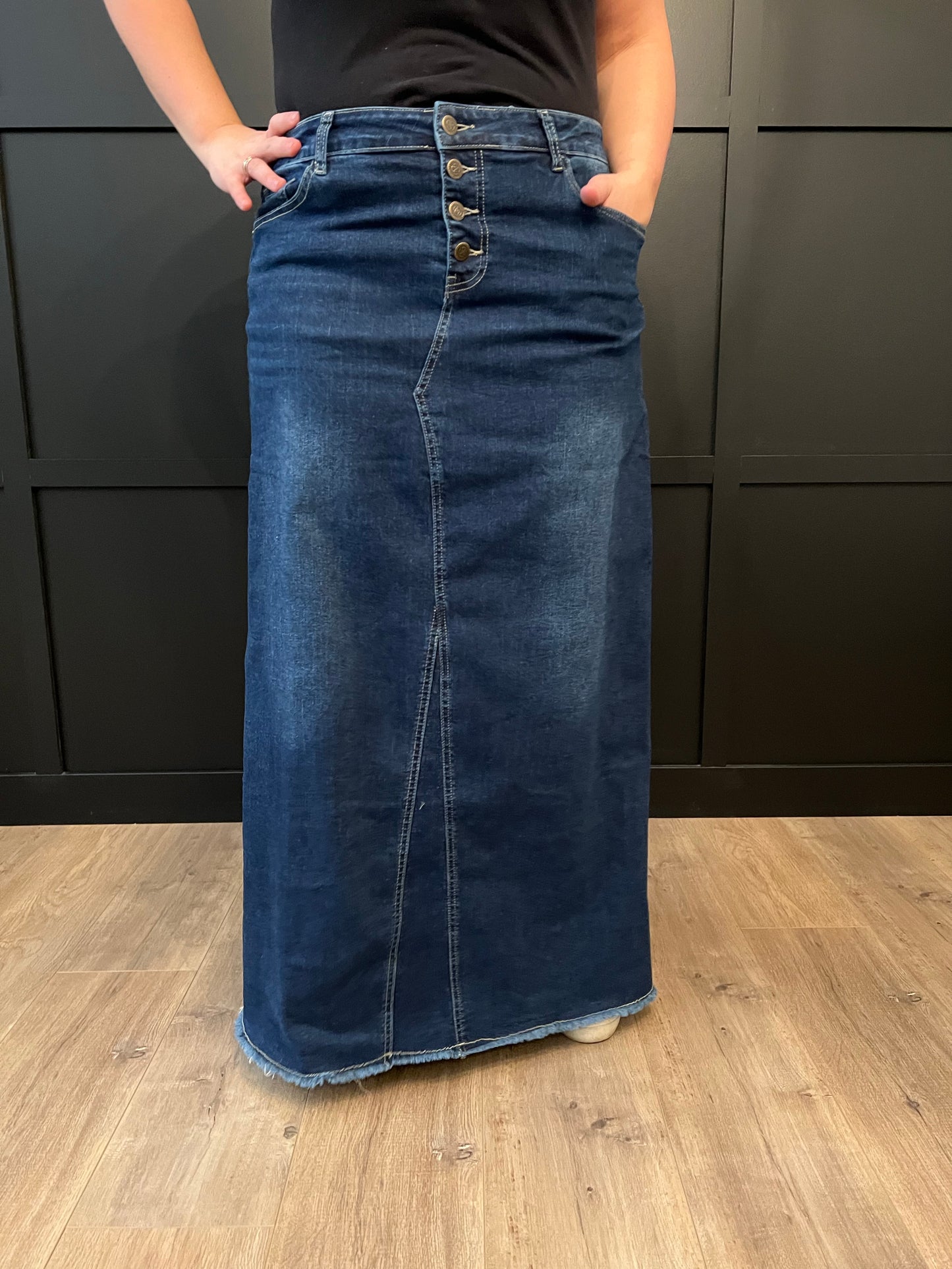 "Aurora" A-Line Long Denim Skirt in Dark Wash - Ladies & Lavender Boutique