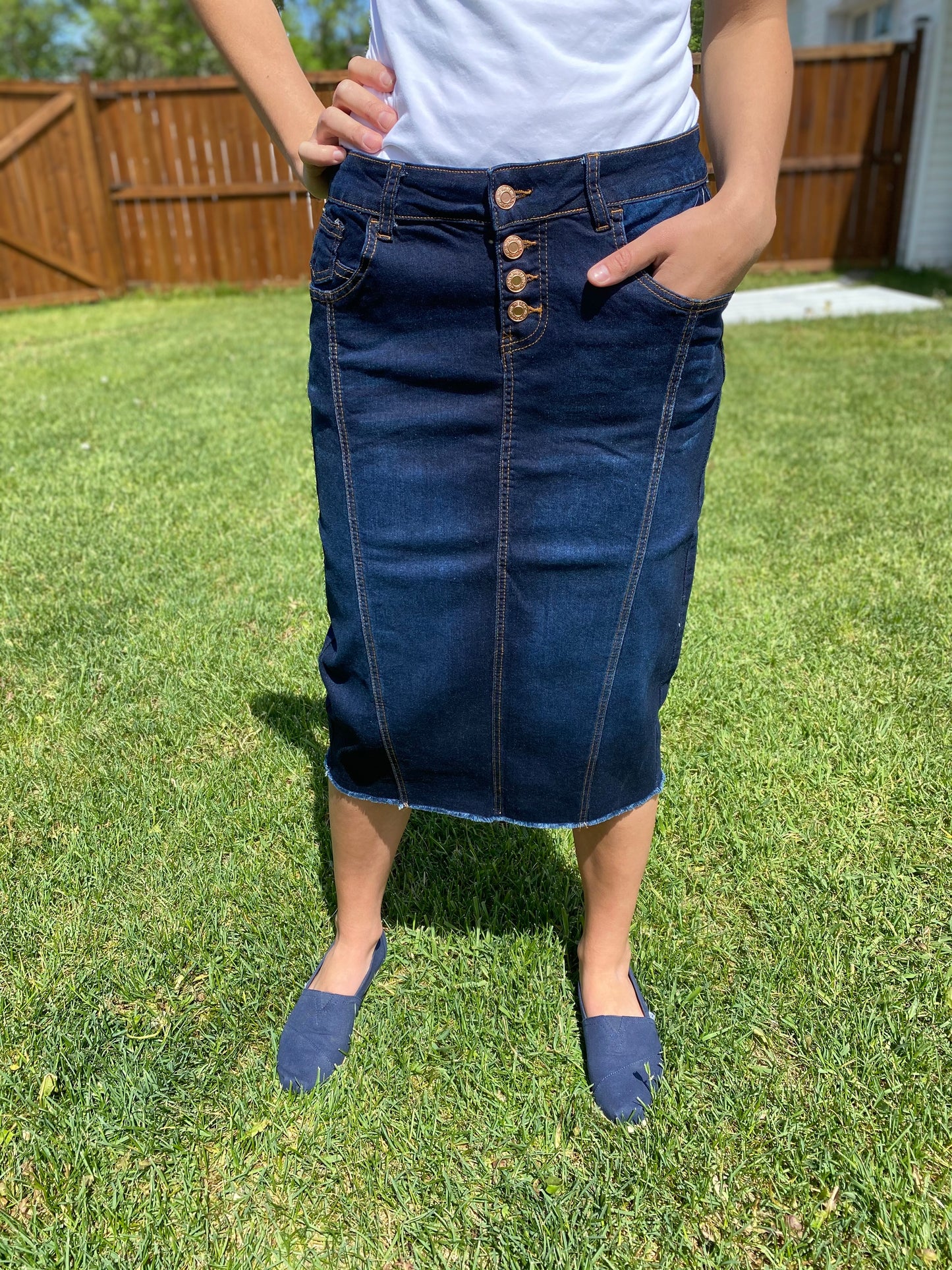 "Paisley" Dark Indigo Button Down Opening Calf Length Pencil Skirt - Ladies & Lavender Boutique