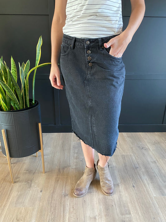 "Aurora" A-Line Calf Length Denim Skirt in Black - Ladies & Lavender Boutique