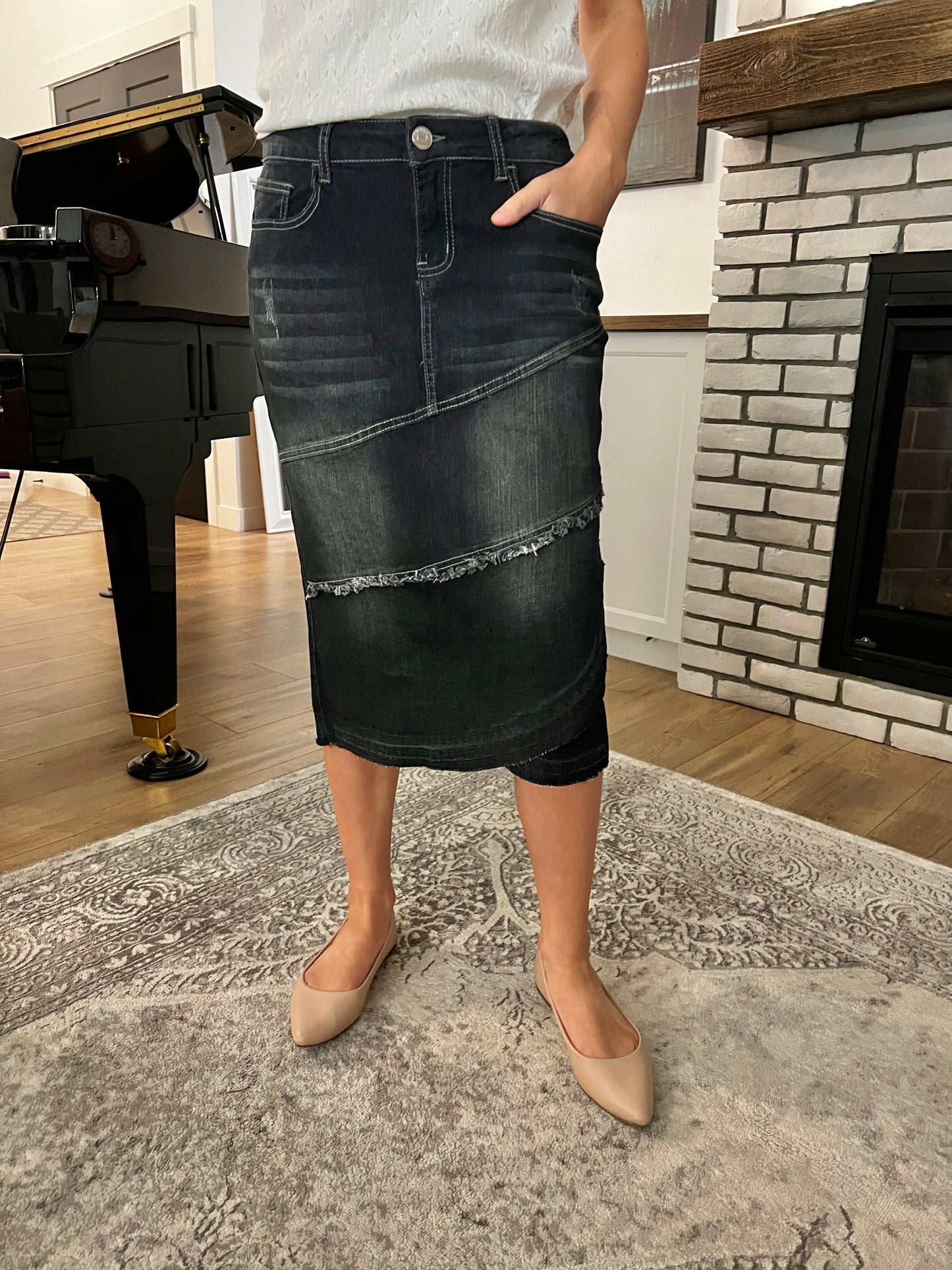 "Gabriella" In Black Calf length Denim Skirt With Ruffle - Ladies & Lavender Boutique