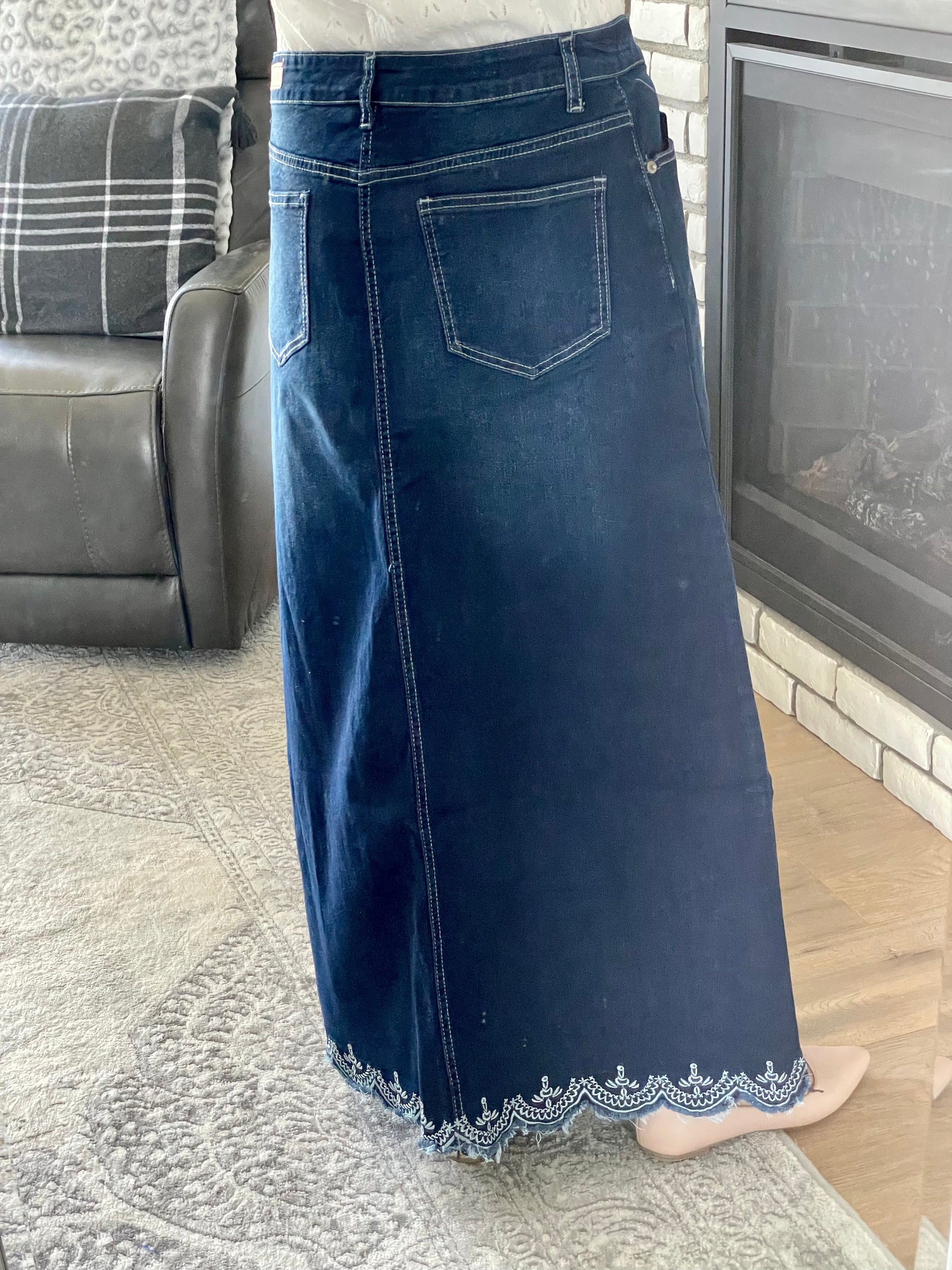 "Nora" Long Denim Skirt in Dark Indigo Wash - Ladies & Lavender Boutique