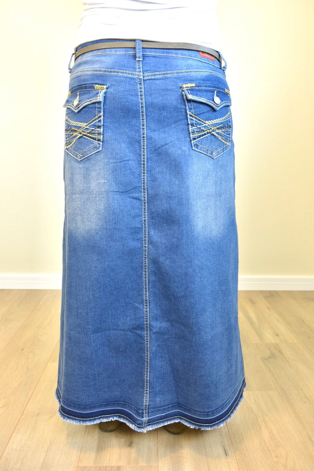 "Mia" Long Denim A-Line Skirt With Embroidered Pockets - Ladies & Lavender Boutique