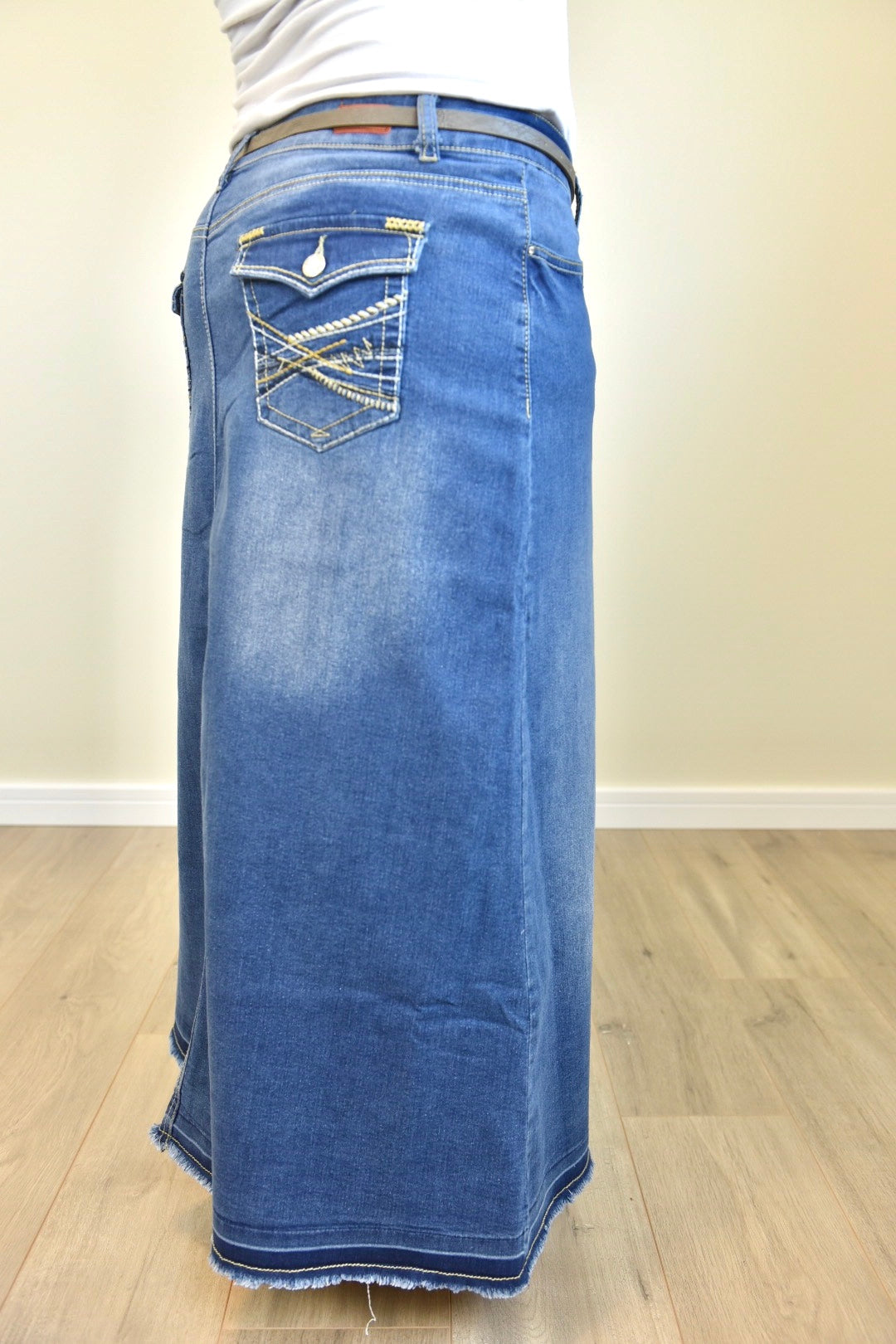 "Mia" Long Denim A-Line Skirt With Embroidered Pockets - Ladies & Lavender Boutique