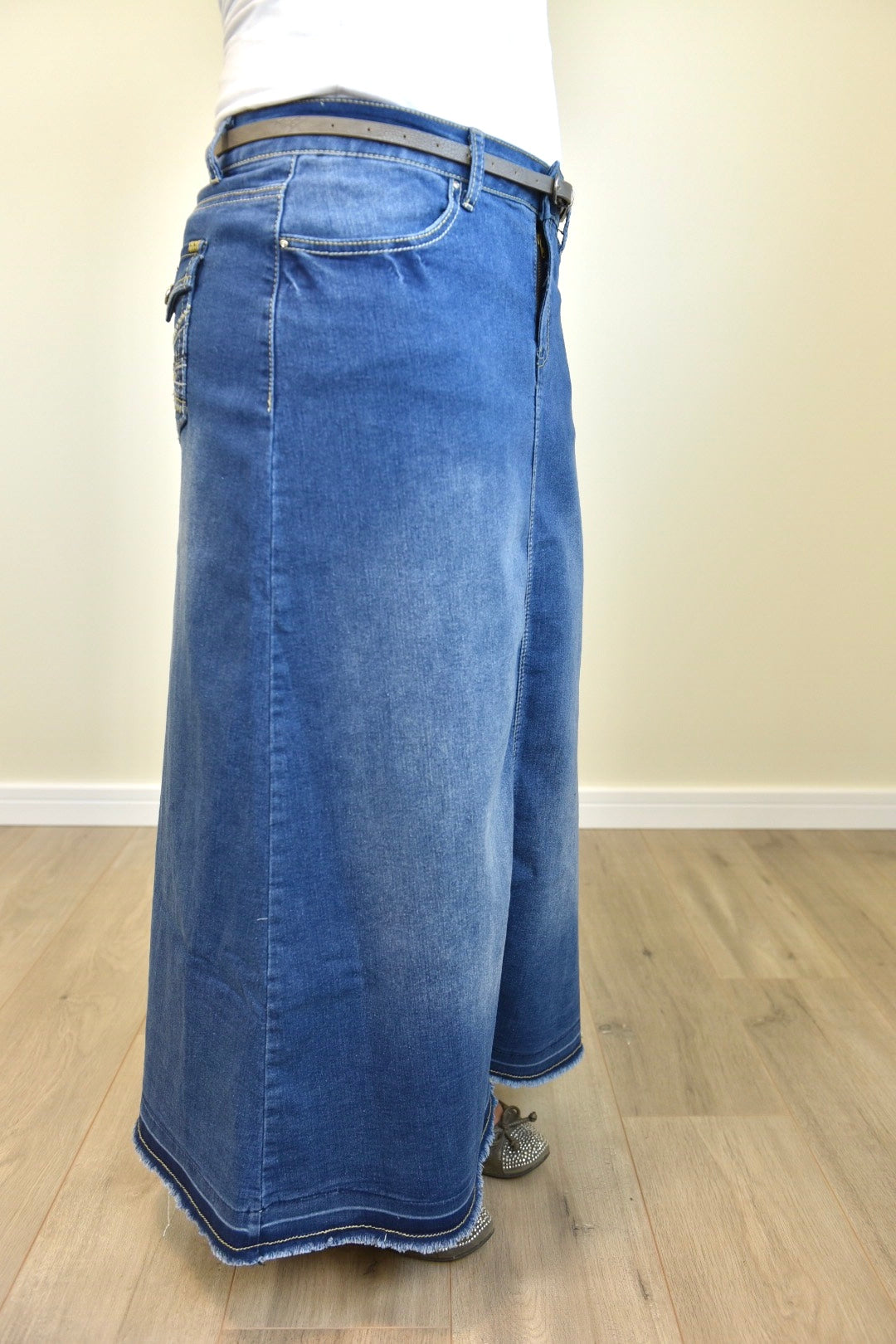 "Mia" Long Denim A-Line Skirt With Embroidered Pockets - Ladies & Lavender Boutique