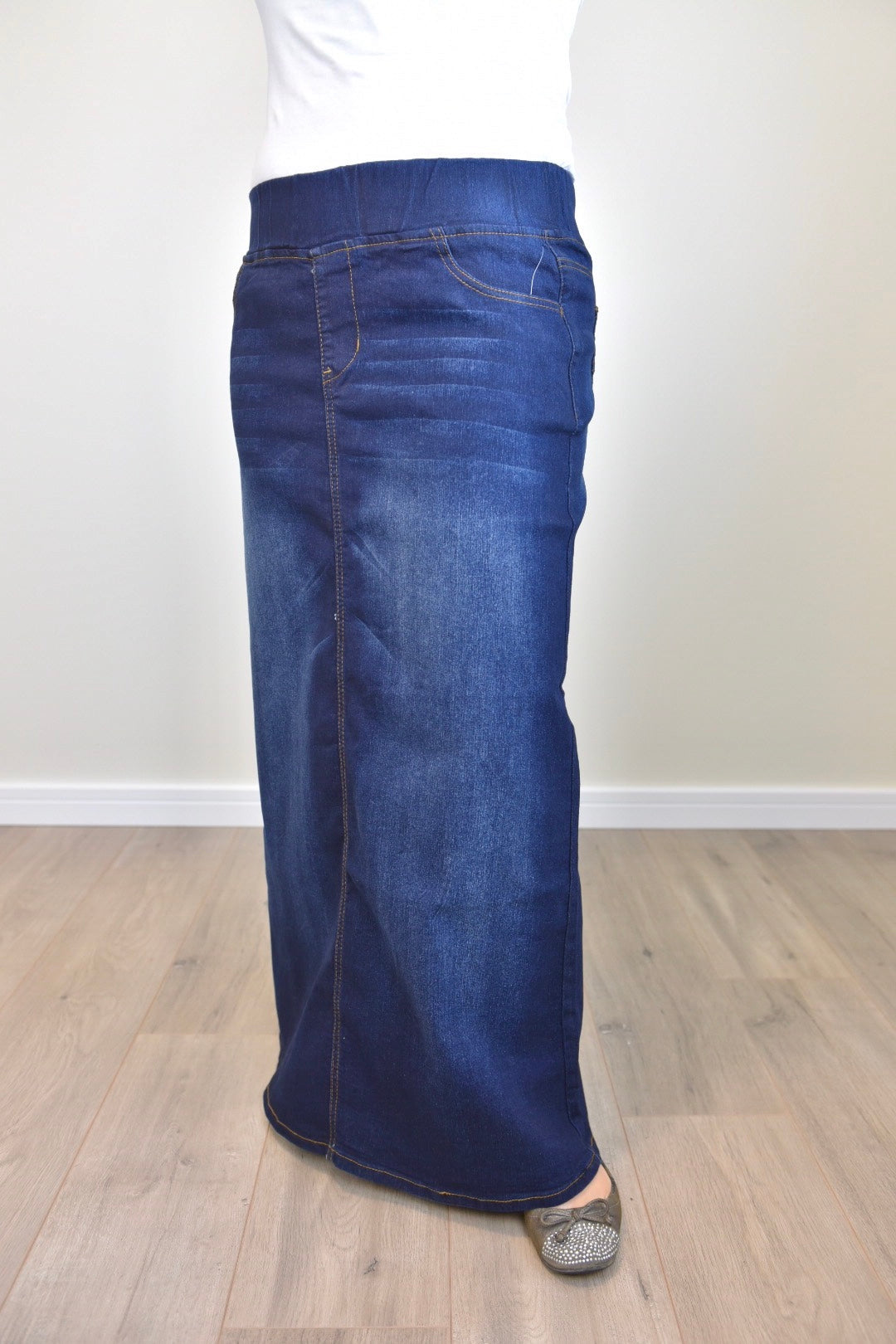"Harper" Dark Indigo Long Straight Denim Skirt With Elastic Waistband - Ladies & Lavender Boutique