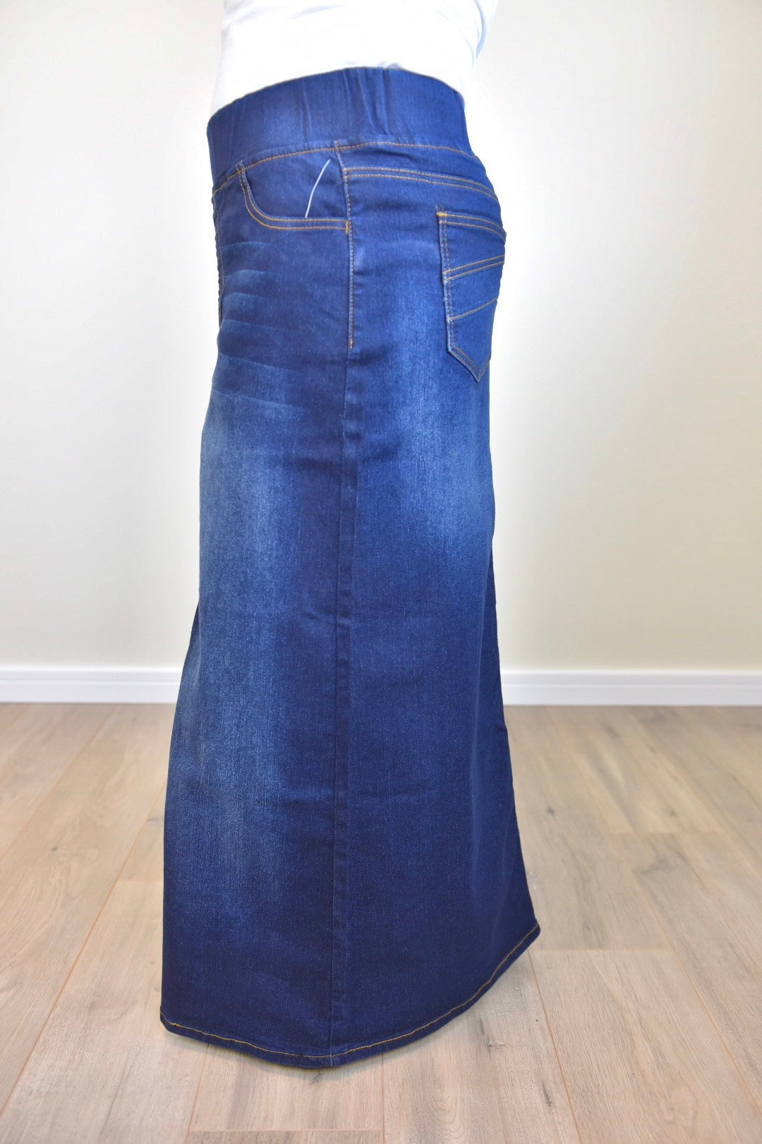 "Harper" Dark Indigo Long Straight Denim Skirt With Elastic Waistband - Ladies & Lavender Boutique