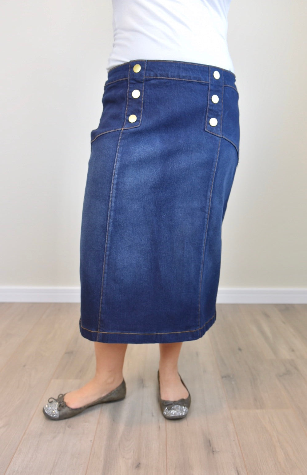 "Charlotte" Calf Length Denim Skirt With Front Buttons - Ladies & Lavender Boutique