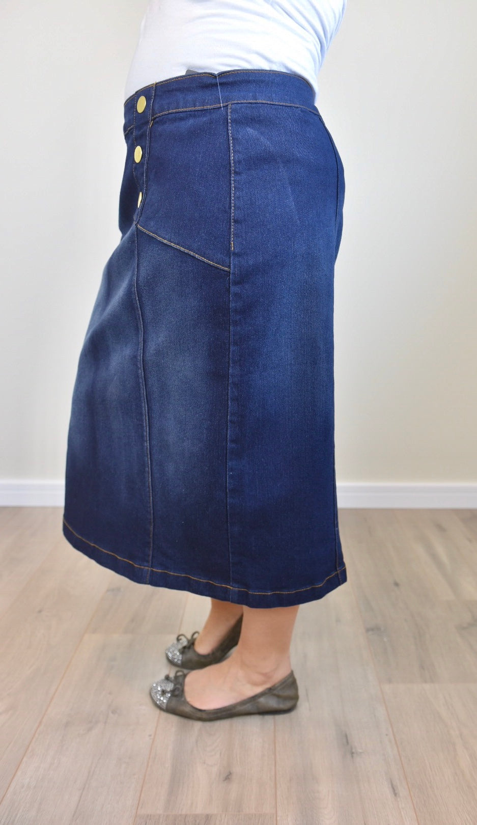 "Charlotte" Calf Length Denim Skirt With Front Buttons - Ladies & Lavender Boutique