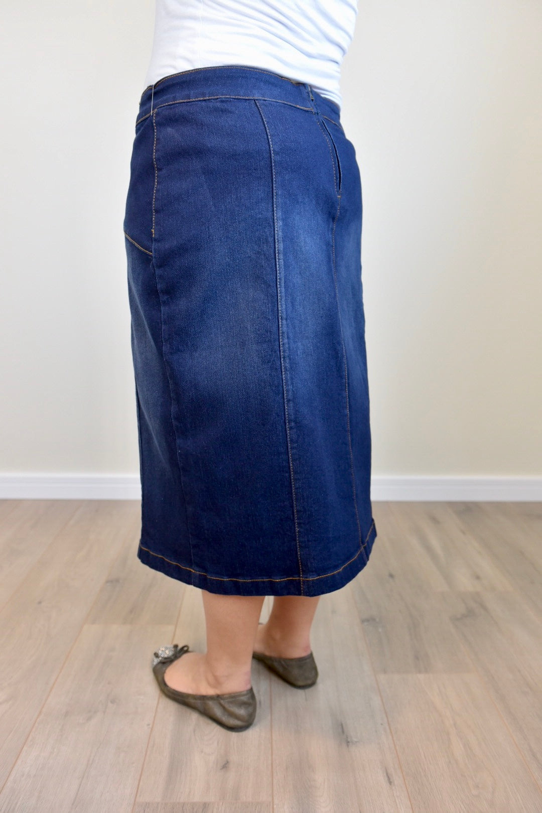 "Charlotte" Calf Length Denim Skirt With Front Buttons - Ladies & Lavender Boutique