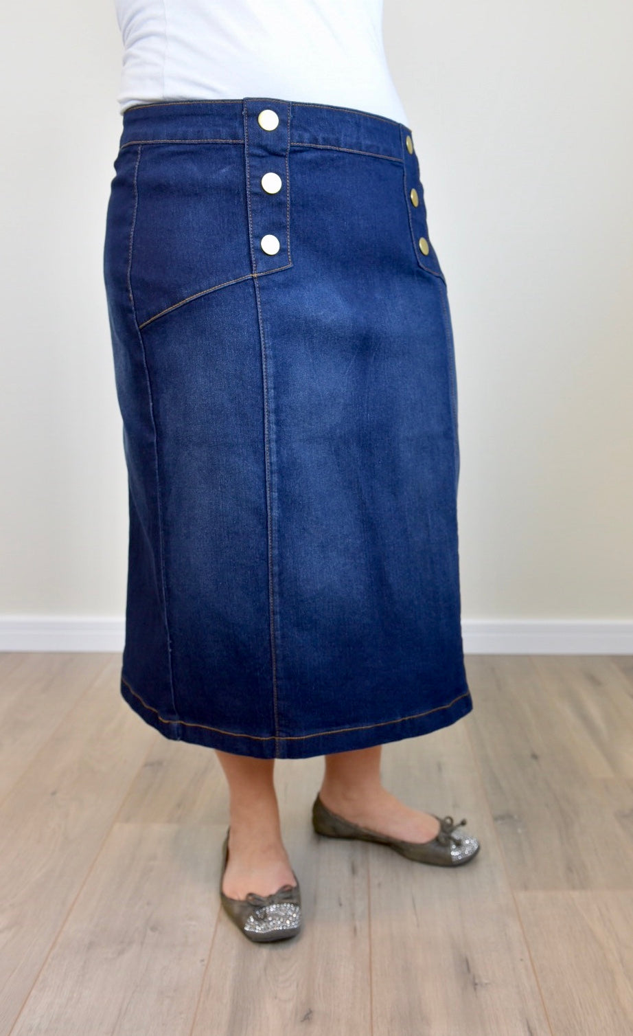 "Charlotte" Calf Length Denim Skirt With Front Buttons - Ladies & Lavender Boutique