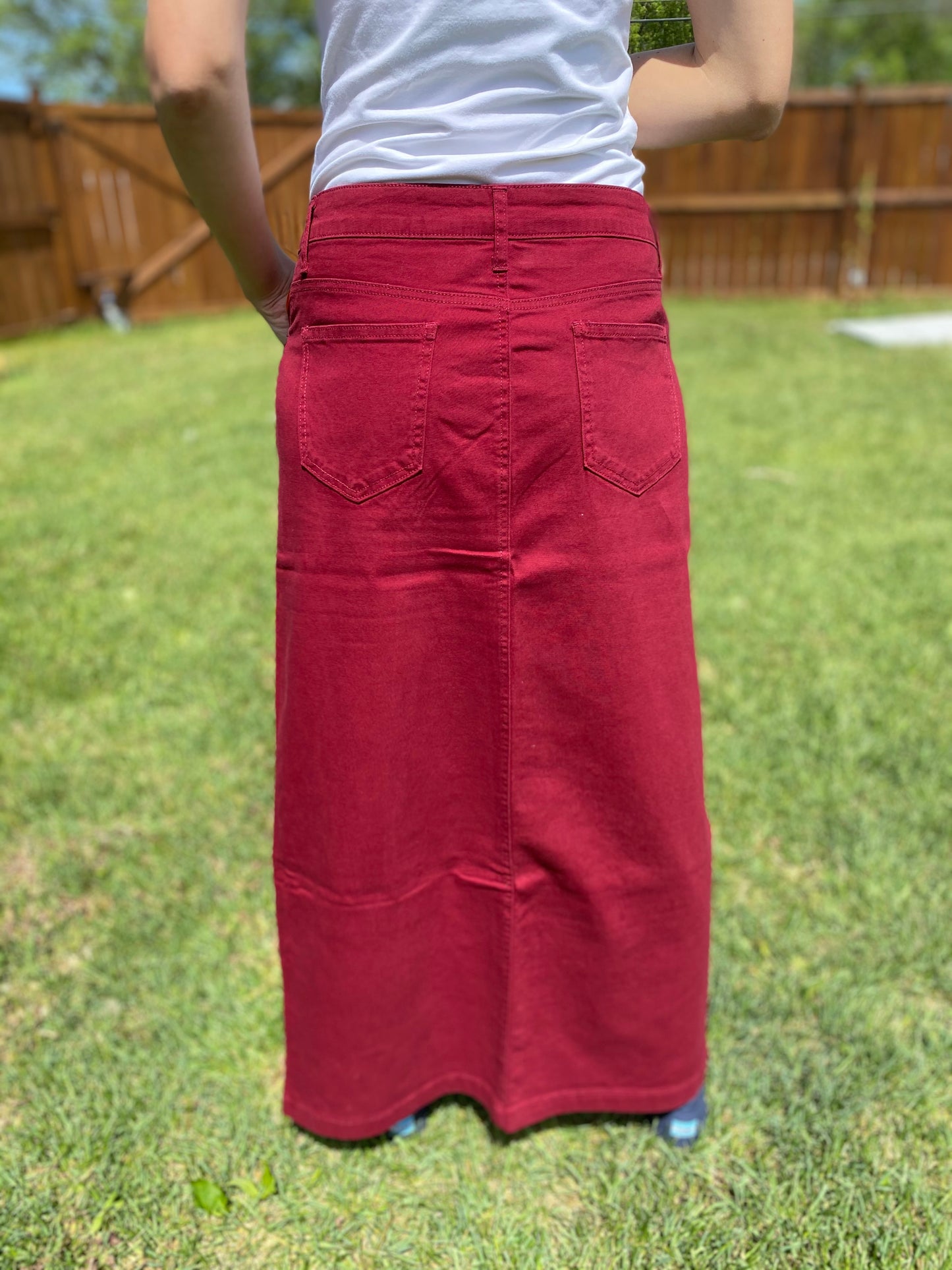 “Skylar” in Wine Coloured Twill Long Skirt - Ladies & Lavender Boutique