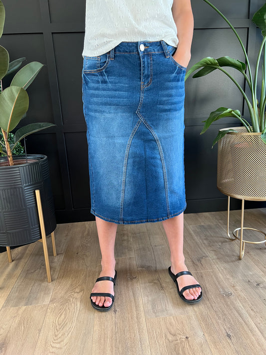 "Naomi" Calf length A-Line Denim Skirt in Indigo Wash - Ladies & Lavender Boutique