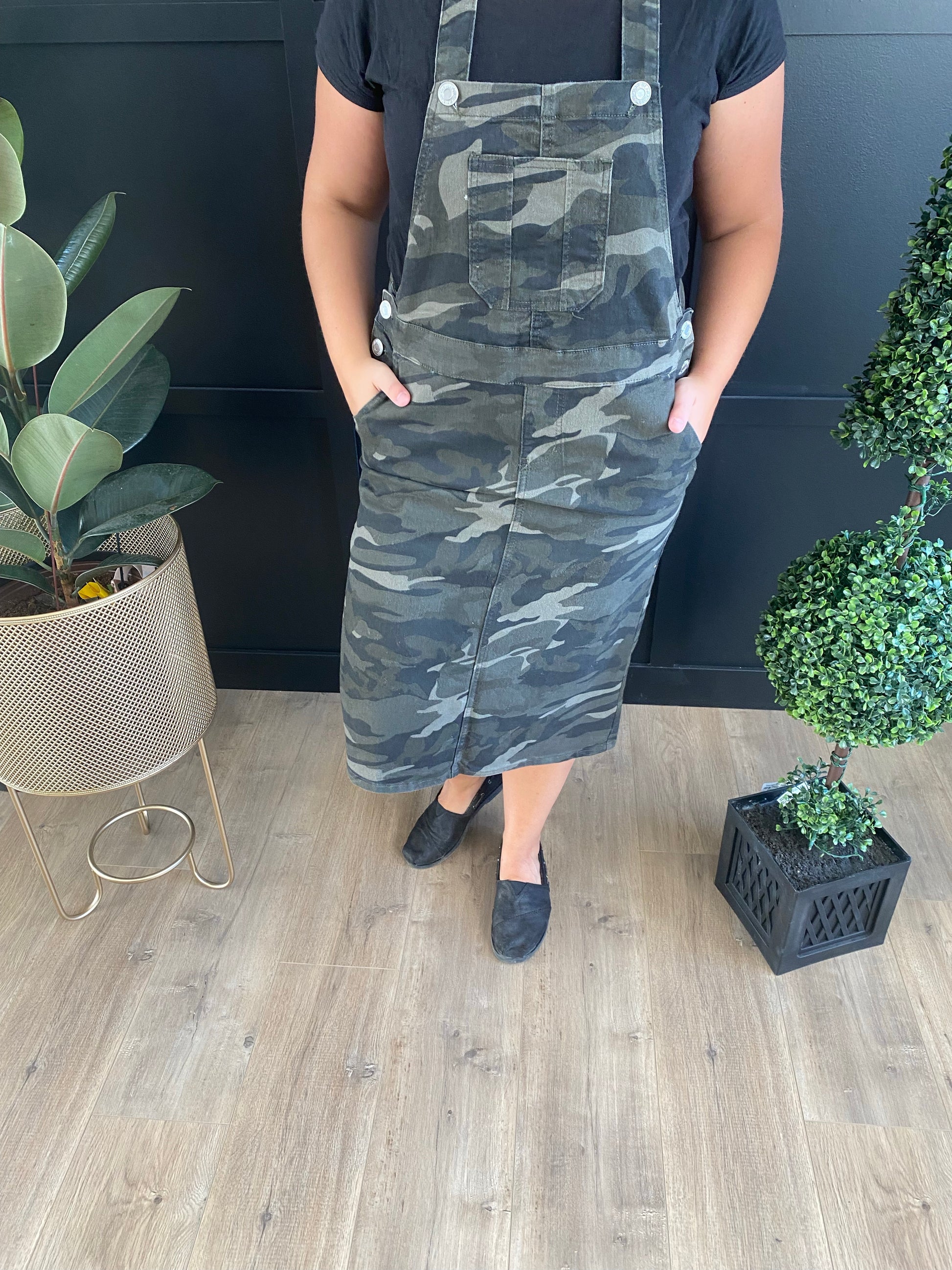 "Aubrey" Camo Print Midi Twill Overall Dress - Ladies & Lavender Boutique