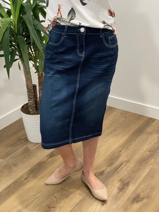 "Serenity" Calf length Denim Skirt in Dark Indigo - Ladies & Lavender Boutique