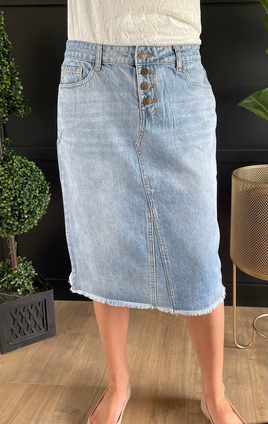 "Aurora" A-Line Calf Length Light Denim Skirt - Ladies & Lavender Boutique