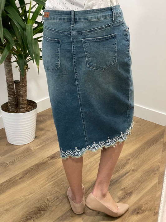 "Nora" in Vintage Calf Length Denim Skirt With Embellished Hem - Ladies & Lavender Boutique