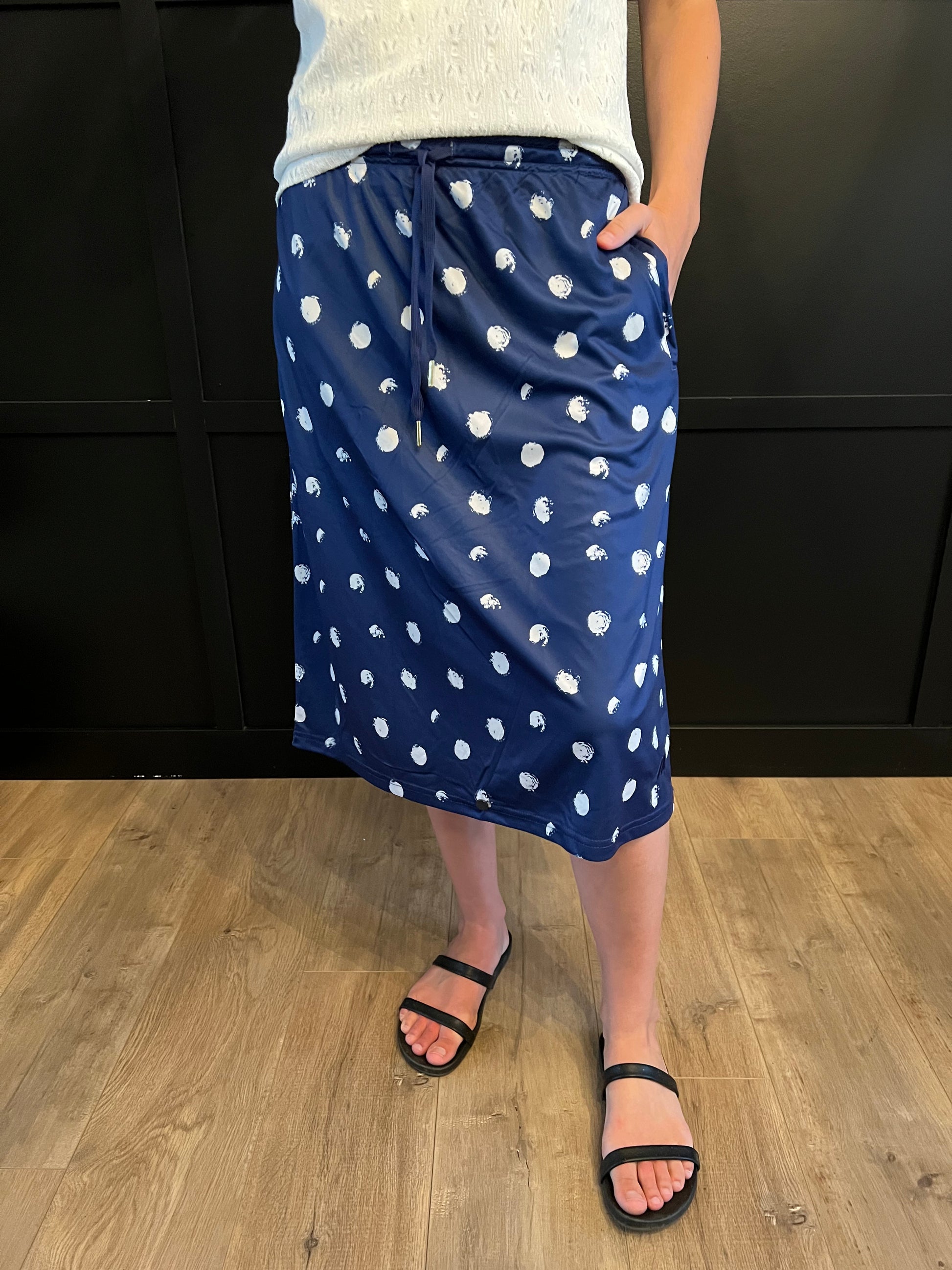 "Zoey" Sport Skirt with Navy Polka Dots print - Ladies & Lavender Boutique