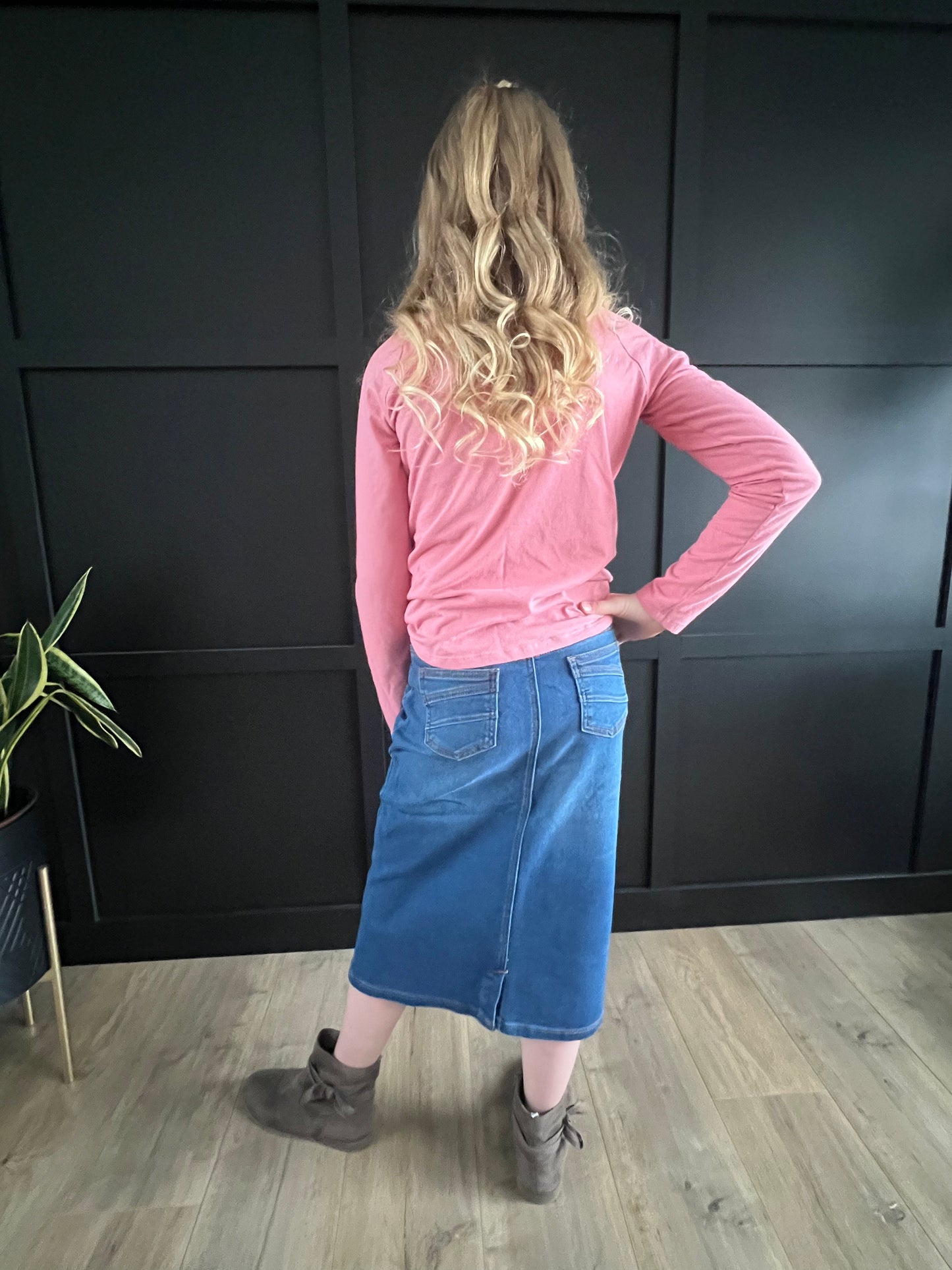 "Caroline" Girls Denim Mid Length Skirt with Elastic Waistband - Ladies & Lavender Boutique