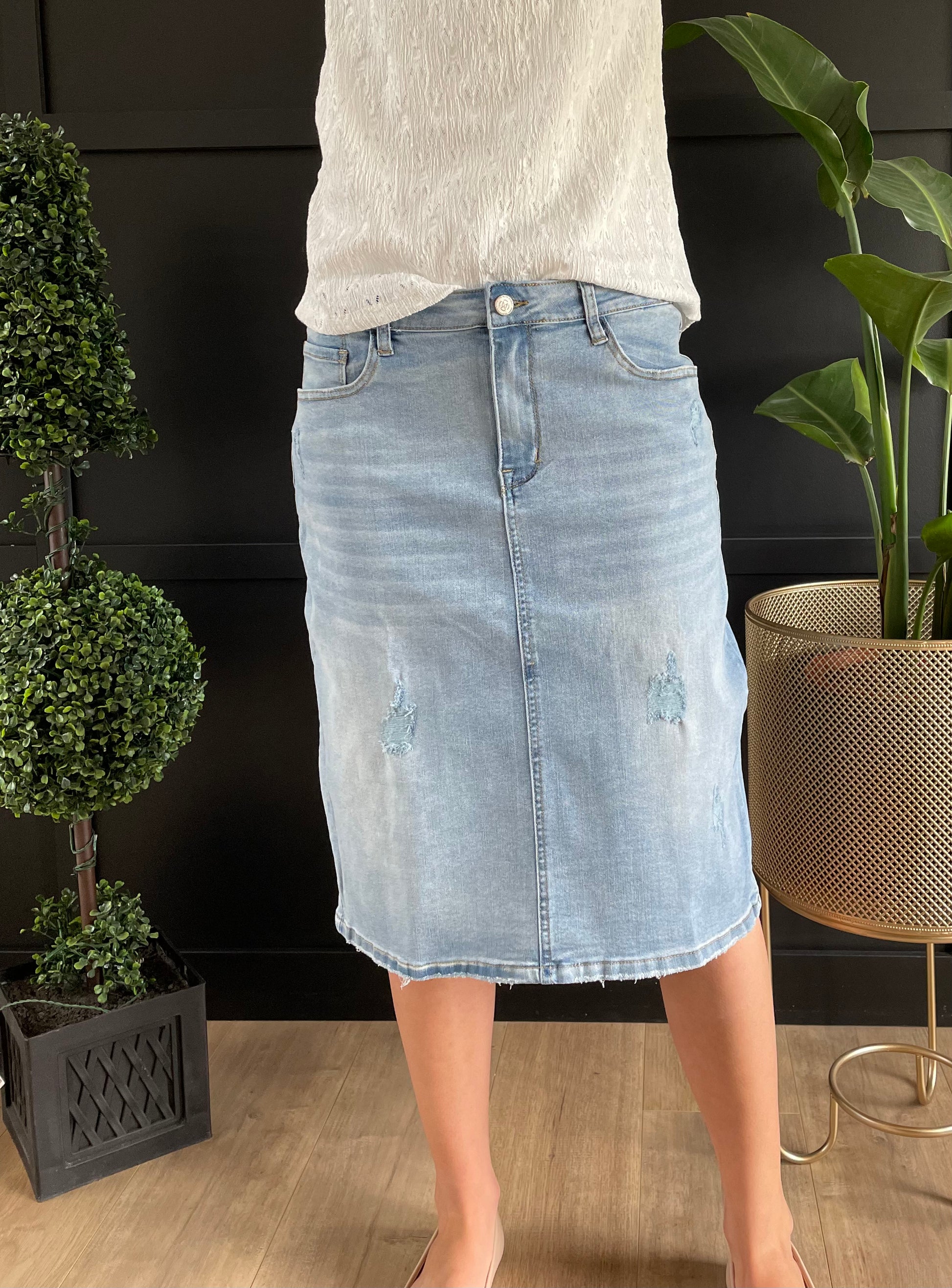 "Savannah" Distressed Denim Skirt in Light Wash - Ladies & Lavender Boutique