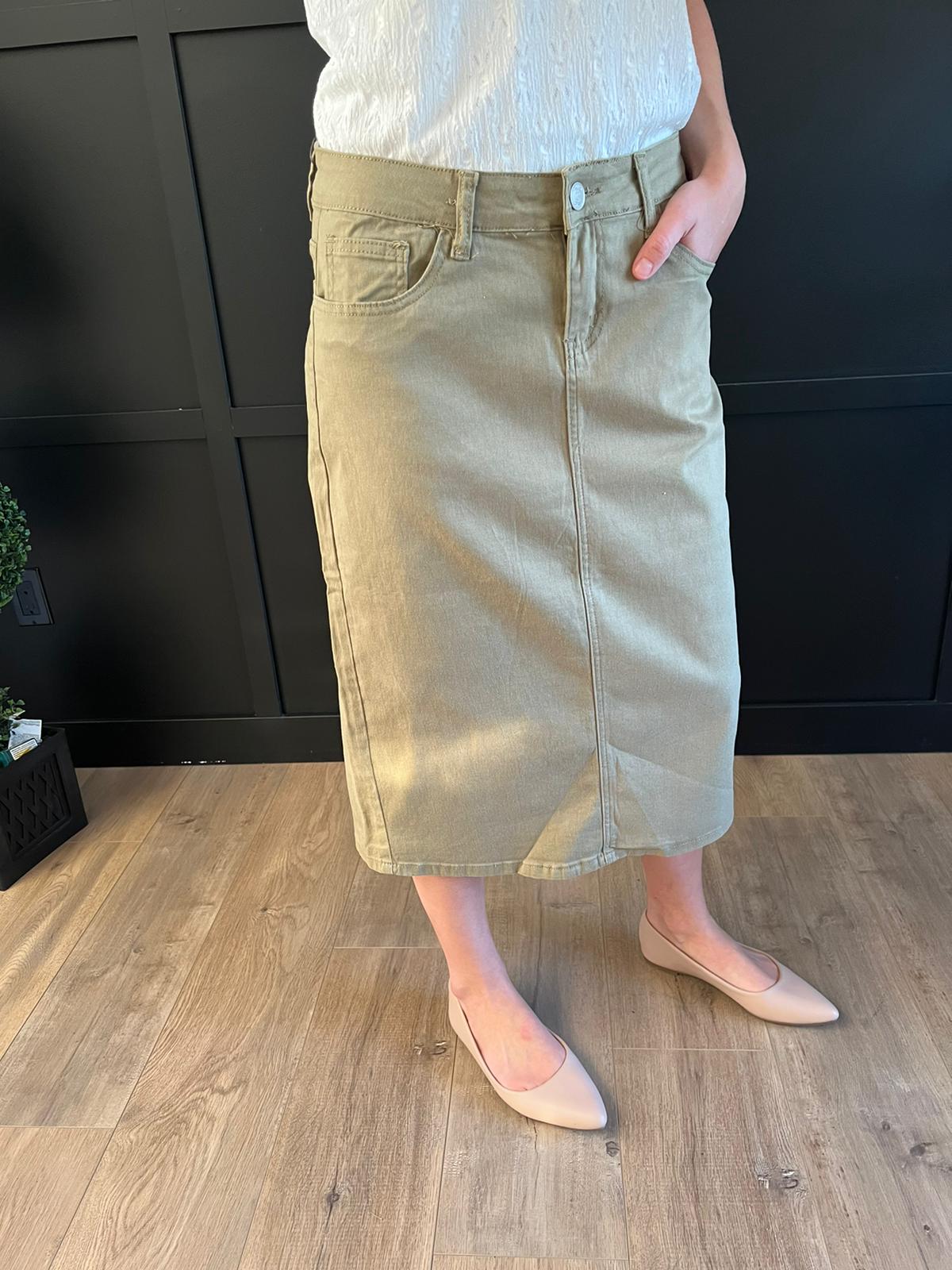 Remi Moss Olive Midi Skirt 29 inches long - Ladies & Lavender Boutique