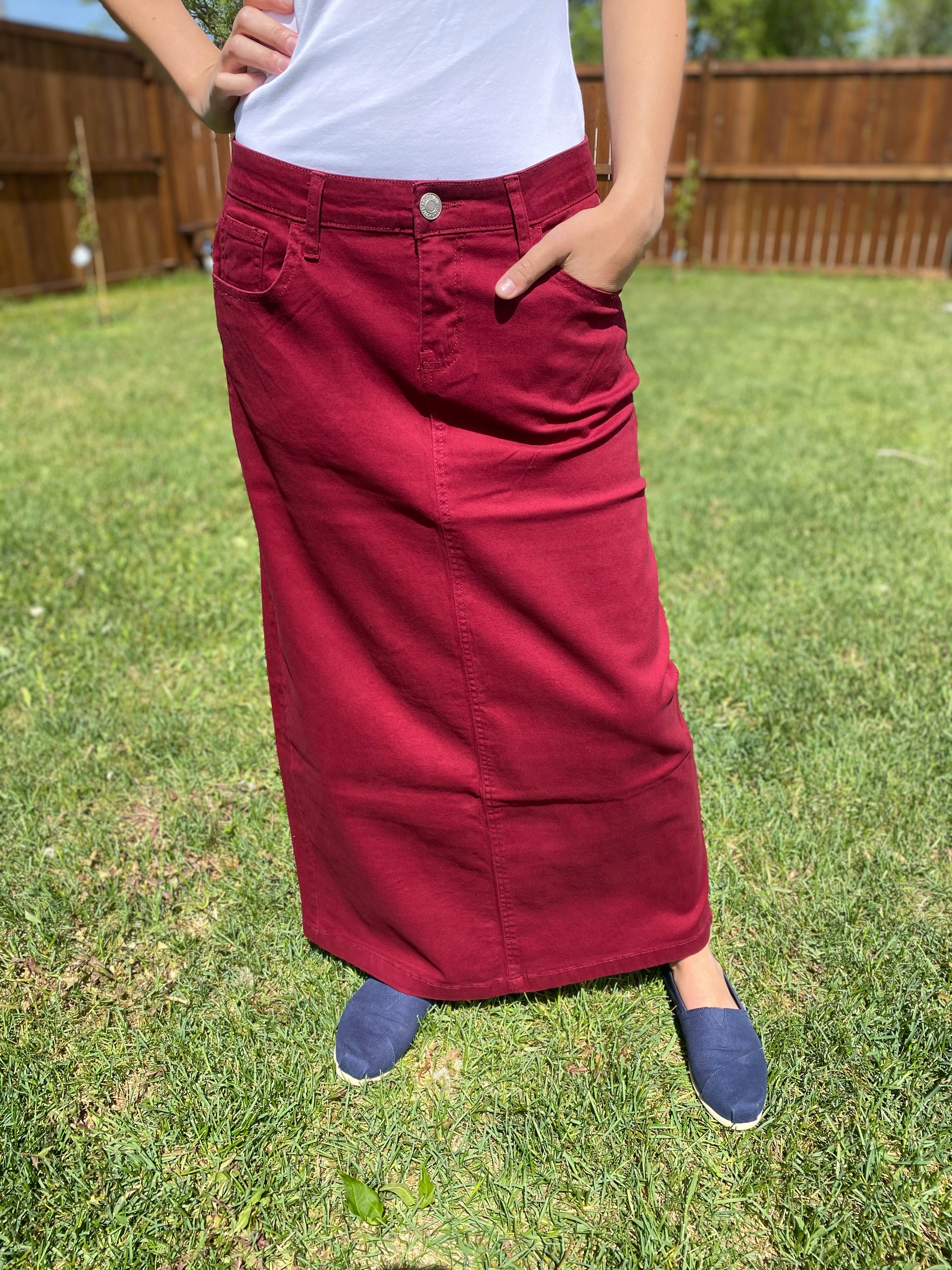 Long colored best sale denim skirts