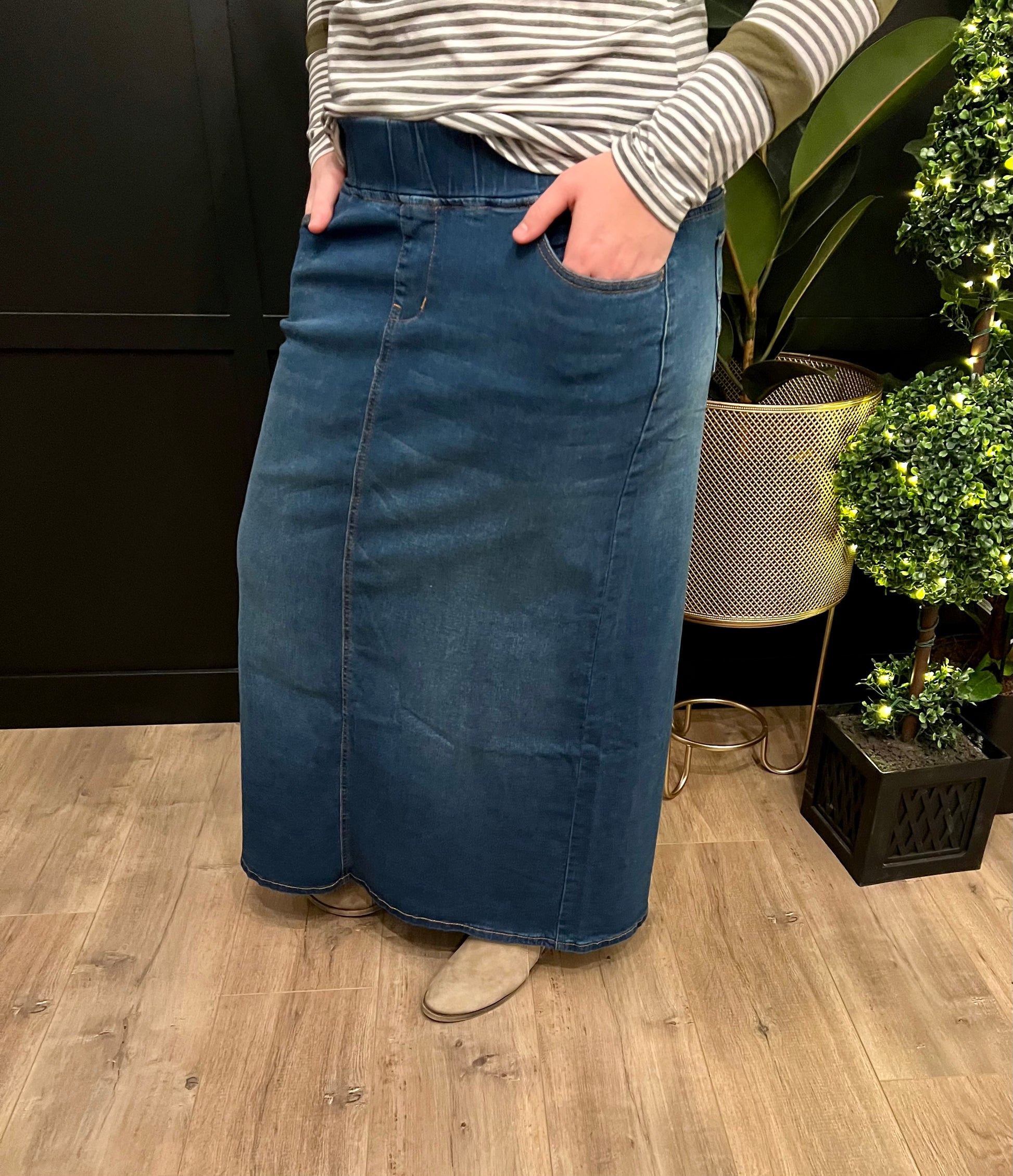 "Harper" Indigo Long Straight Denim Skirt With Elastic Waistband - Ladies & Lavender Boutique