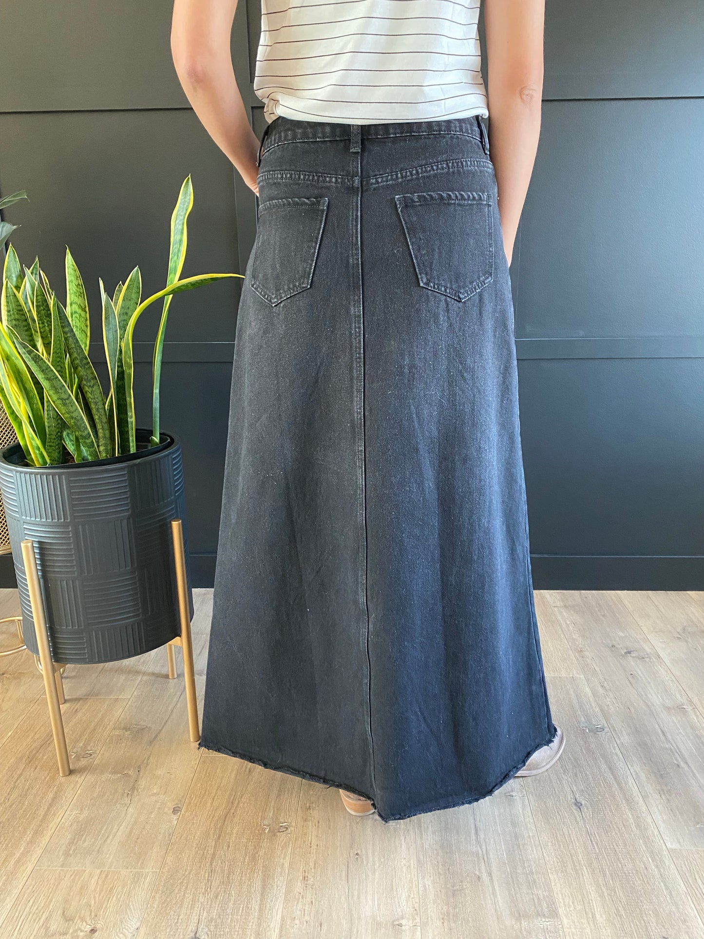 "Aurora" A-Line Long Denim Skirt in Black - Ladies & Lavender Boutique