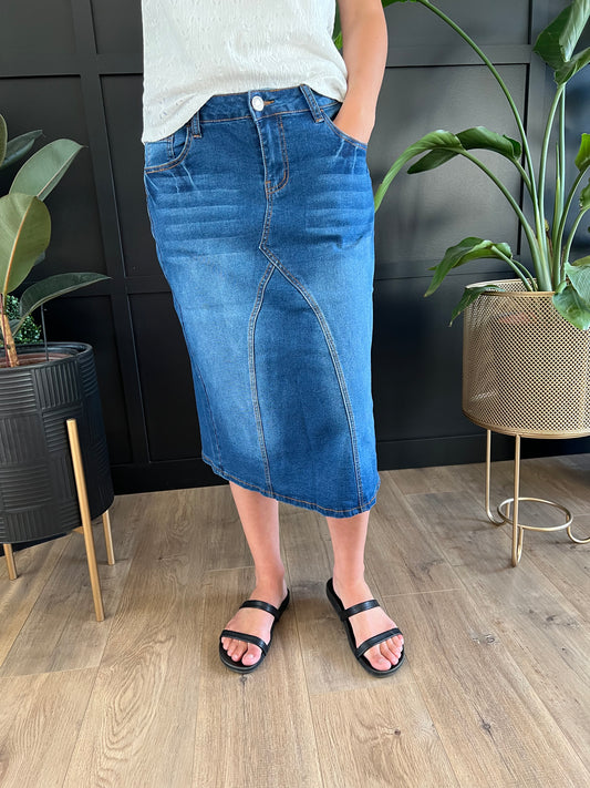 "Naomi" Calf length A-Line Denim Skirt in Indigo Wash - Ladies & Lavender Boutique