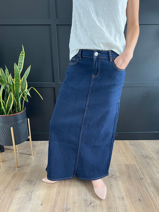 "Isla" Long Denim Skirt in Dark Indigo Wash - Ladies & Lavender Boutique