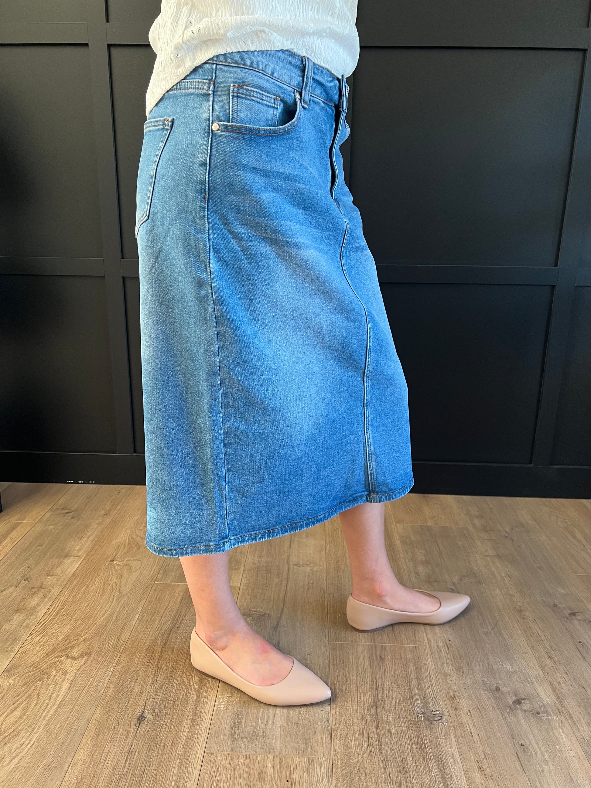 Remi Light Wash Denim Midi Skirt 29 inches long Ladies
