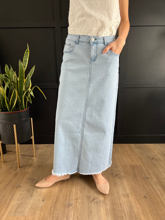 "Gianna" Long Denim Skirt in Light Indigo - Ladies & Lavender Boutique