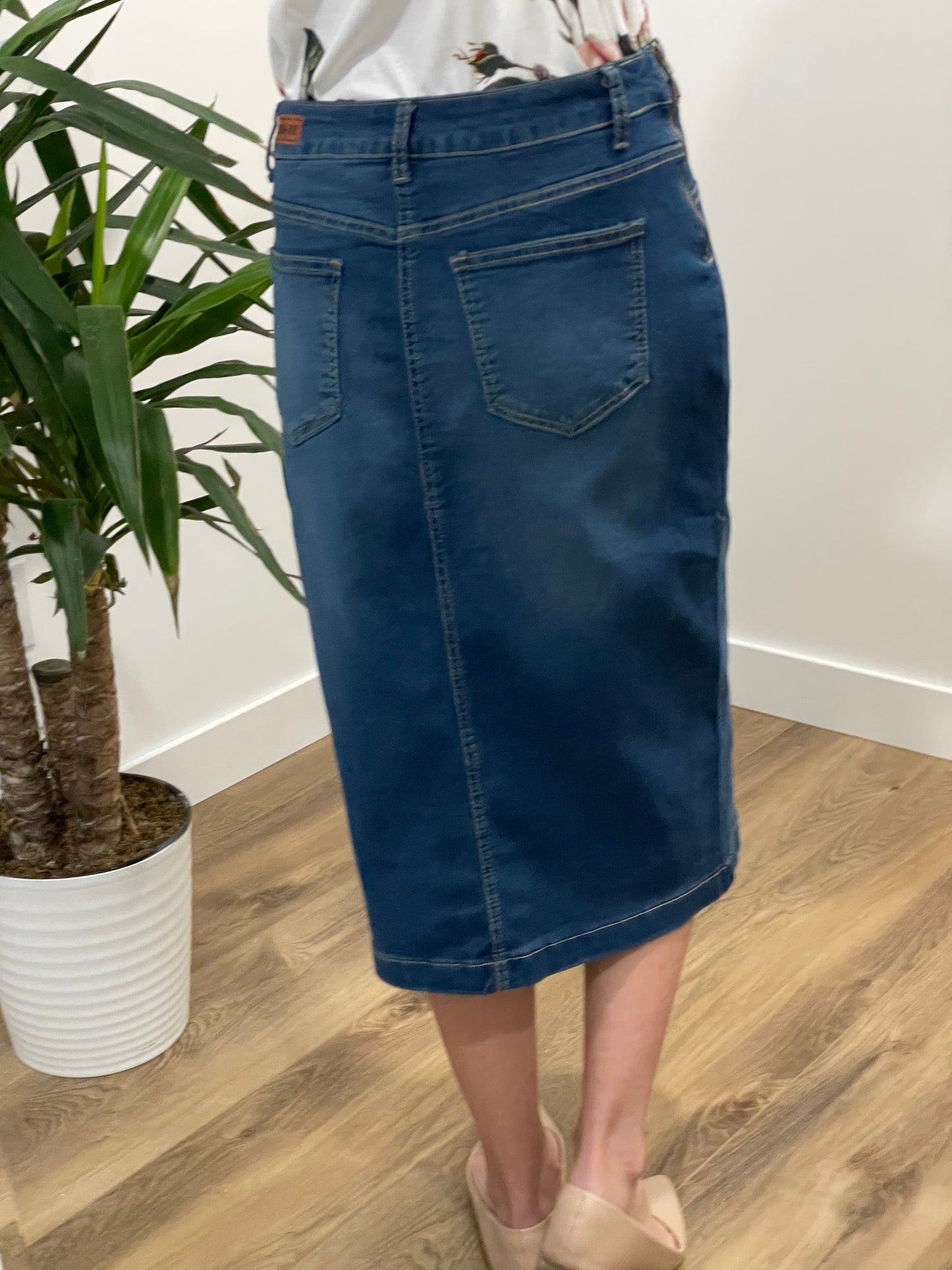 "Madelyn" Calf length Denim Skirt with side zipper - Ladies & Lavender Boutique